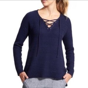 Athleta Navy Sunset Pullover Tie Front Sweater Small